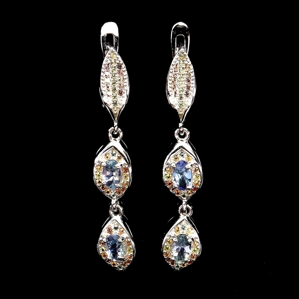 925 Sterling Silver Earrings with Natural Tanzanite 5x3mm & Sapphire Gems
